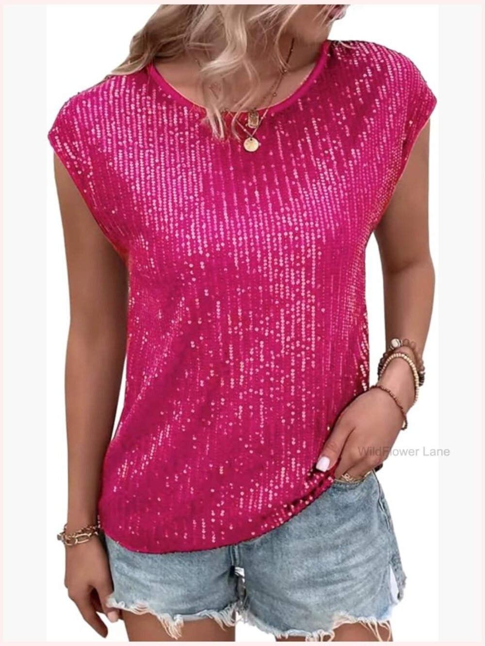 Women’s Sequin Short Sleeve Tee in Fuchsia